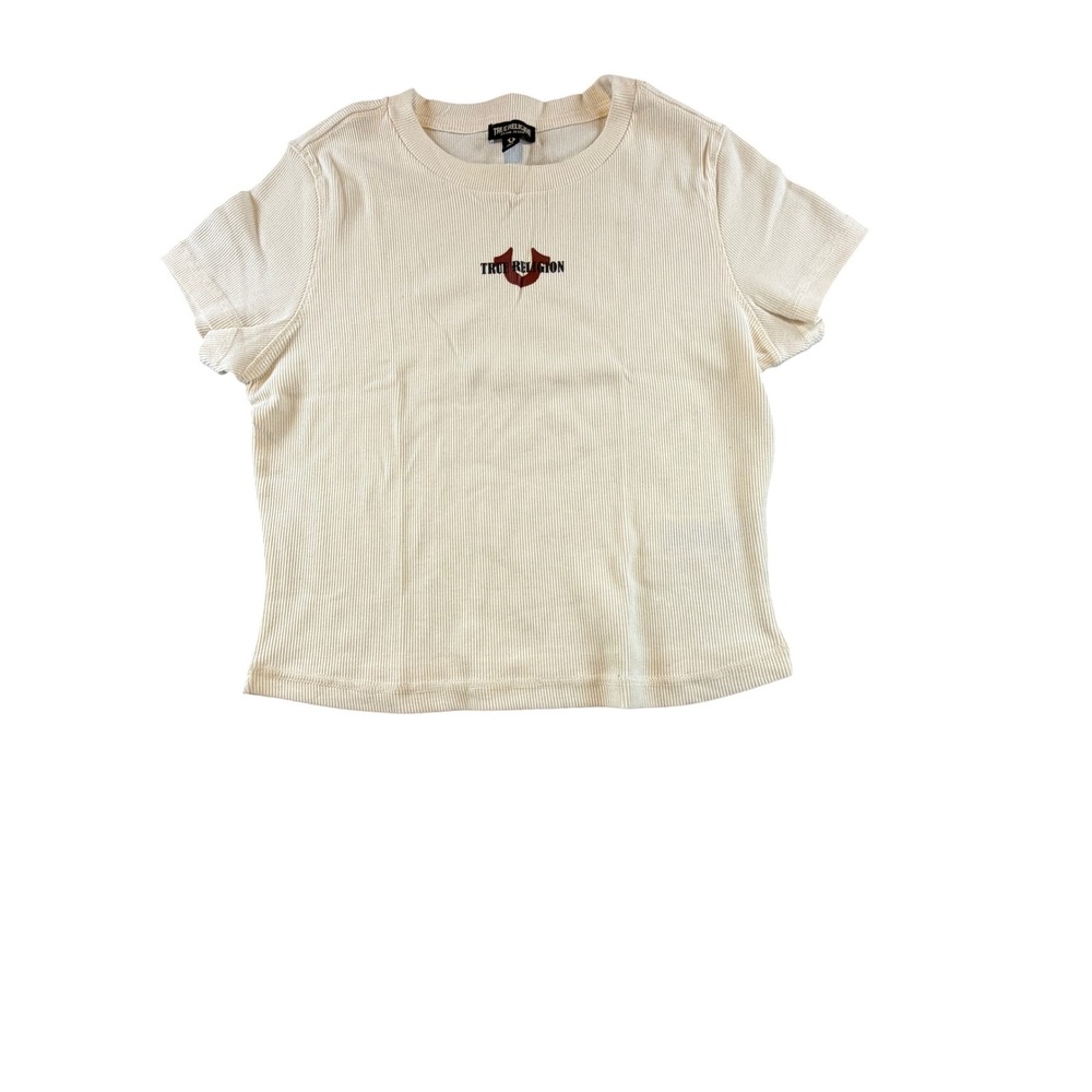 True Religion Ribbed Short Sleeve Baby Tee Cream Horseshoe Logo Size M
